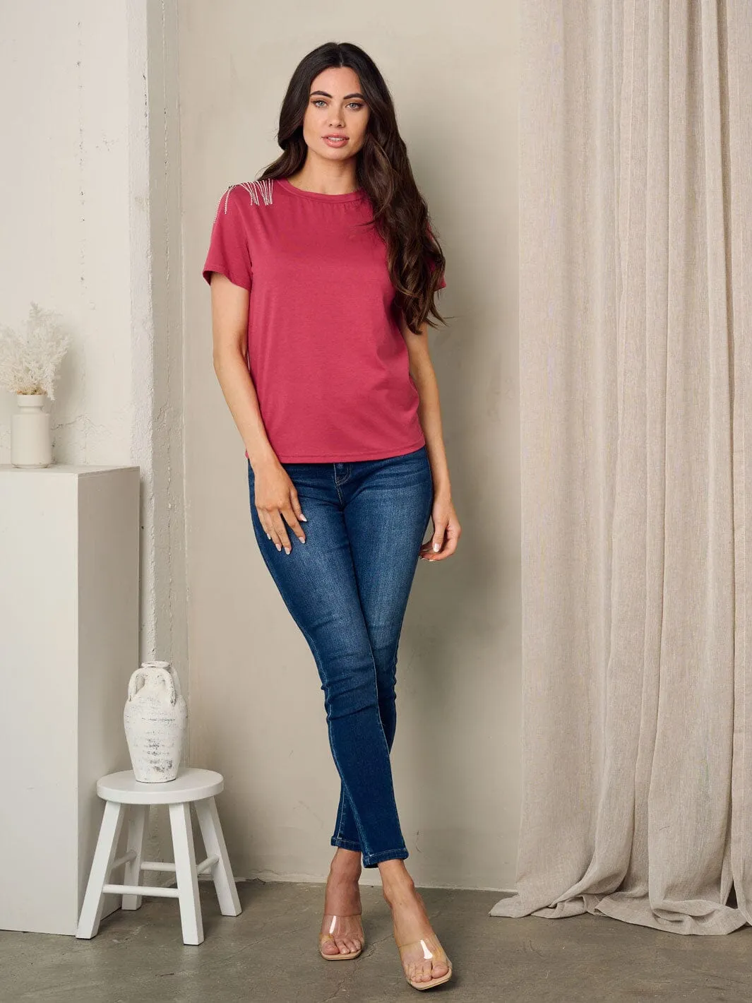 WOMEN'S SHORT SLEEVE SHOULDER DETAILED SOLID TOP
