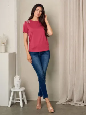WOMEN'S SHORT SLEEVE SHOULDER DETAILED SOLID TOP