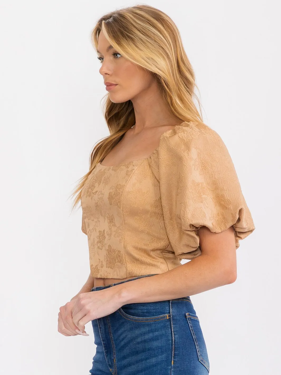 WOMEN'S SHORT SLEEVE SQUARE NECK DETAILED CROP TOP