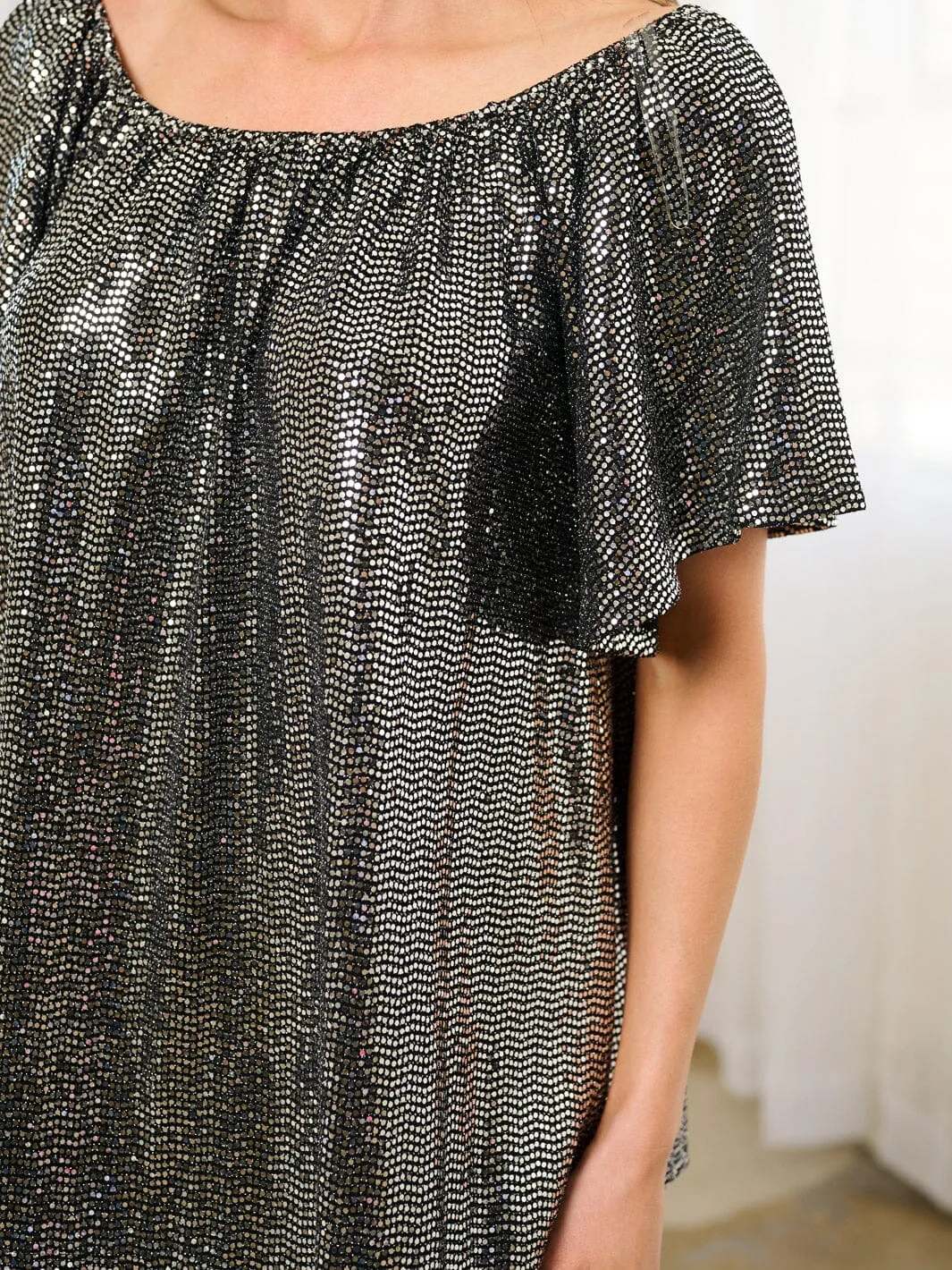 WOMEN'S SHORT SLEEVES TUNIC SEQUINS BLOUSE TOP