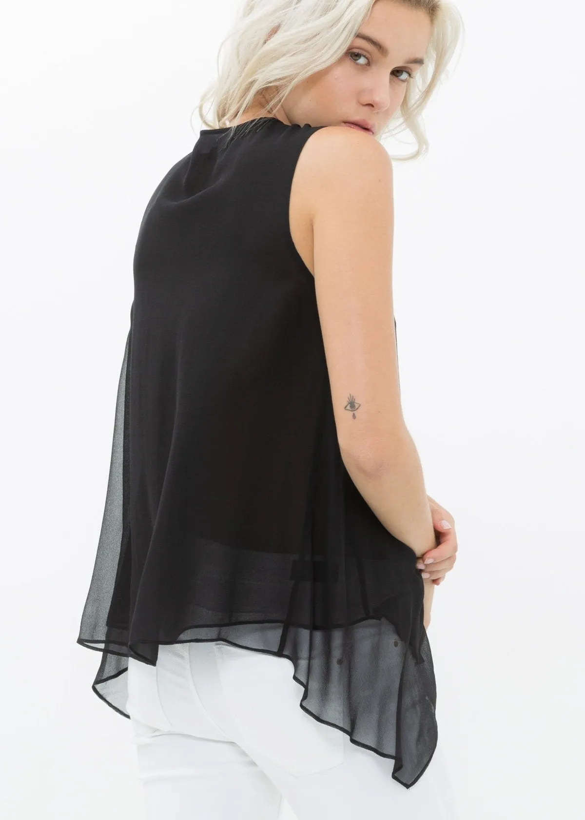 Women's Sleeveless Drape V Neck Zipper Top 100% Silk