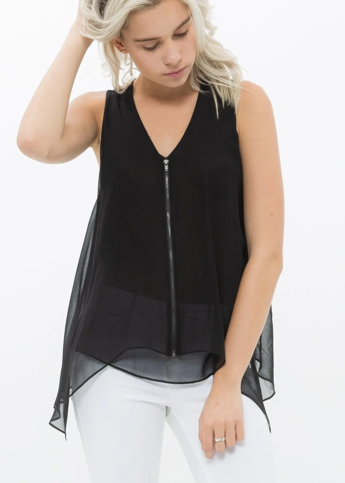 Women's Sleeveless Drape V Neck Zipper Top 100% Silk