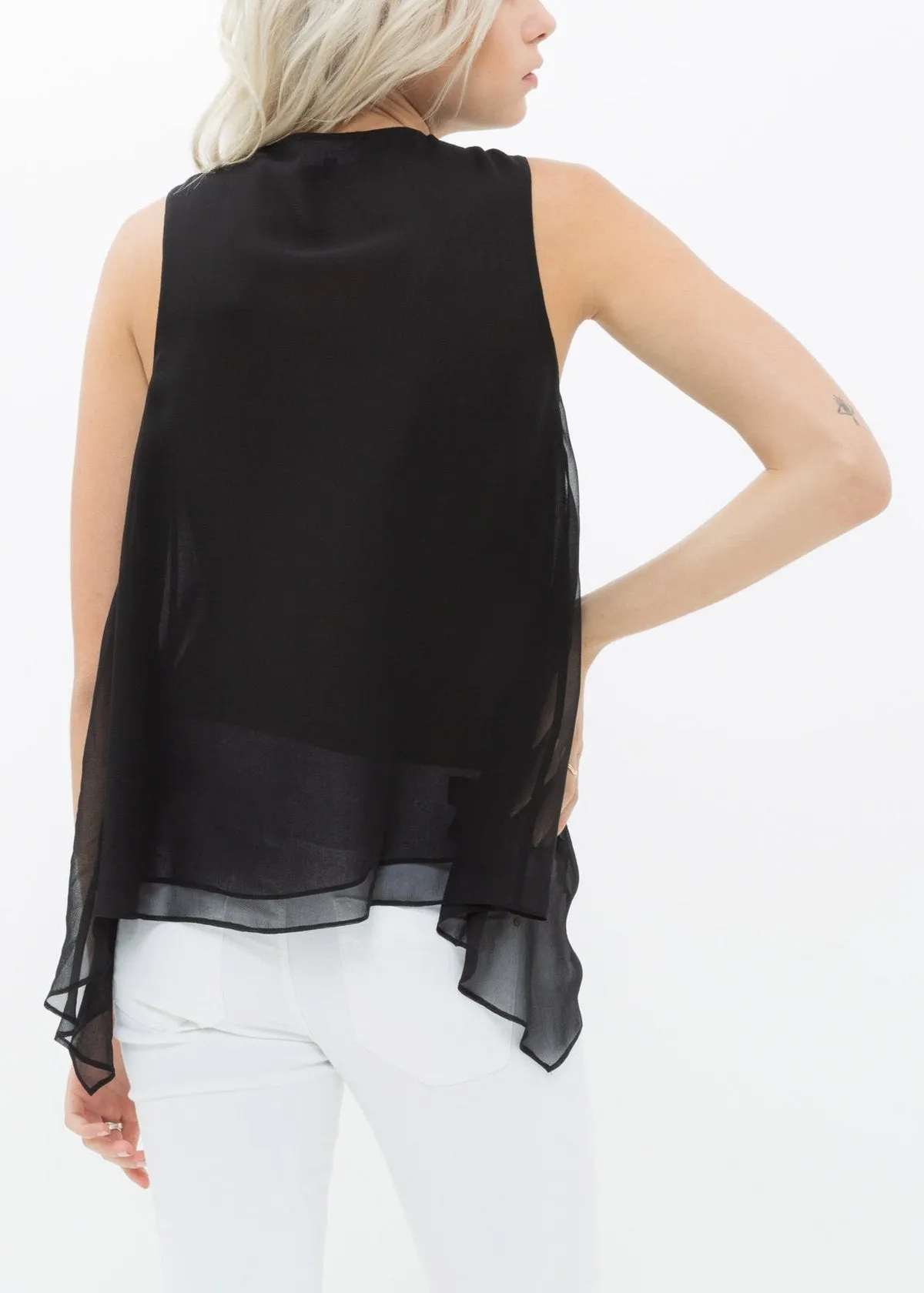 Women's Sleeveless Drape V Neck Zipper Top 100% Silk