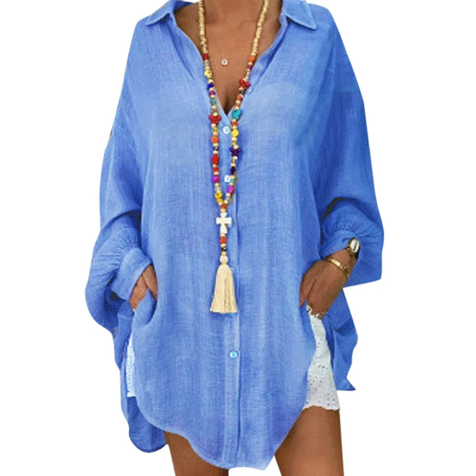 Women'S Solid Color Cotton Linen Button Up Long Sleeve Loose Casual Shirt Blouse Top Cardigan Outfits