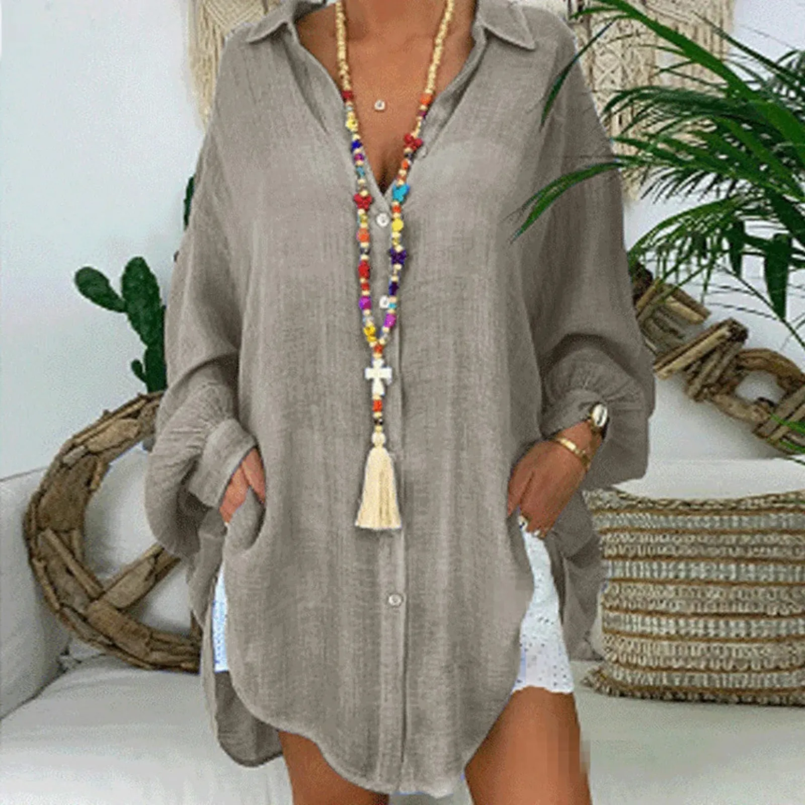 Women'S Solid Color Cotton Linen Button Up Long Sleeve Loose Casual Shirt Blouse Top Cardigan Outfits