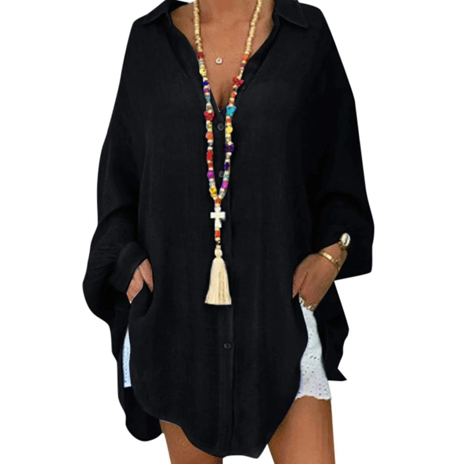 Women'S Solid Color Cotton Linen Button Up Long Sleeve Loose Casual Shirt Blouse Top Cardigan Outfits