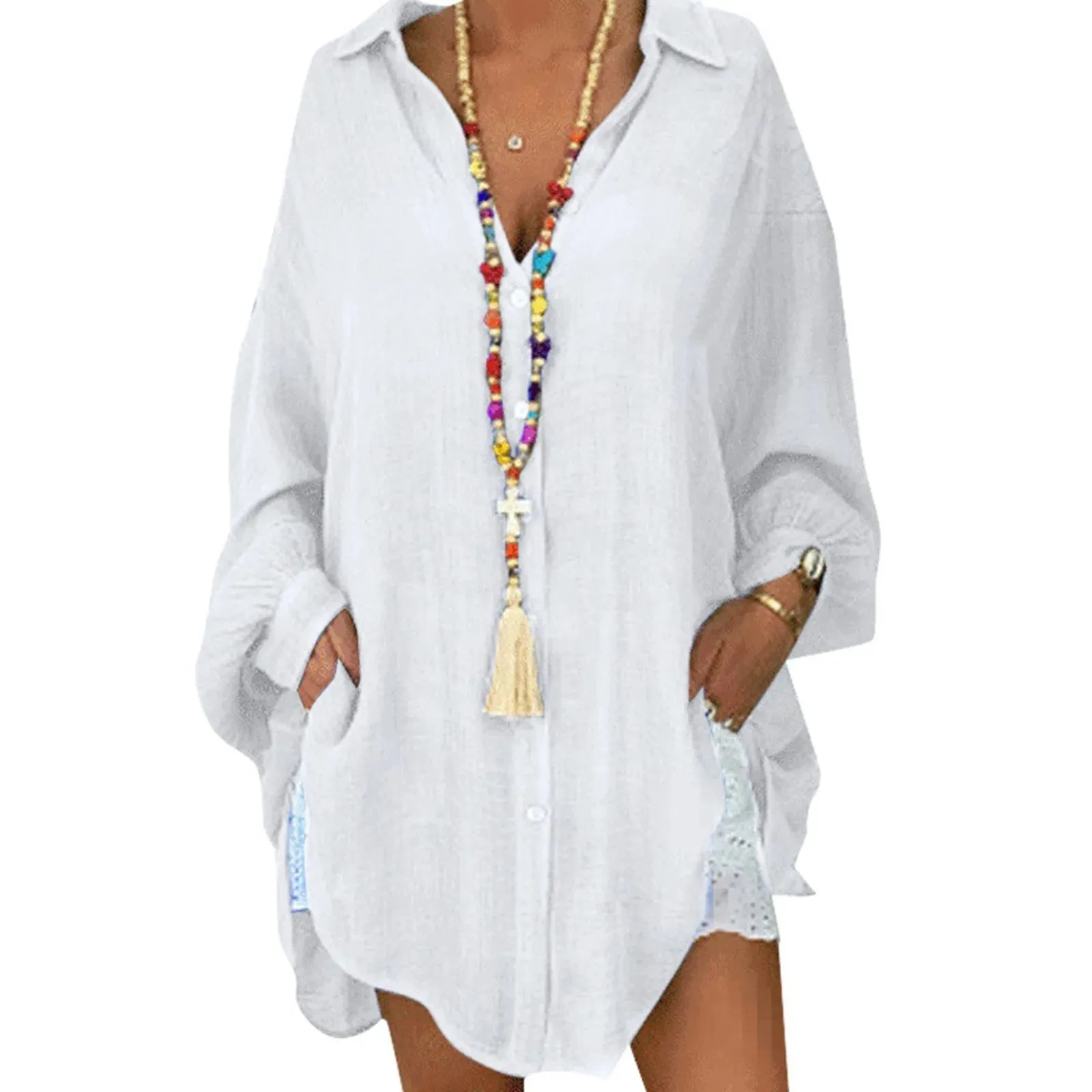 Women'S Solid Color Cotton Linen Button Up Long Sleeve Loose Casual Shirt Blouse Top Cardigan Outfits