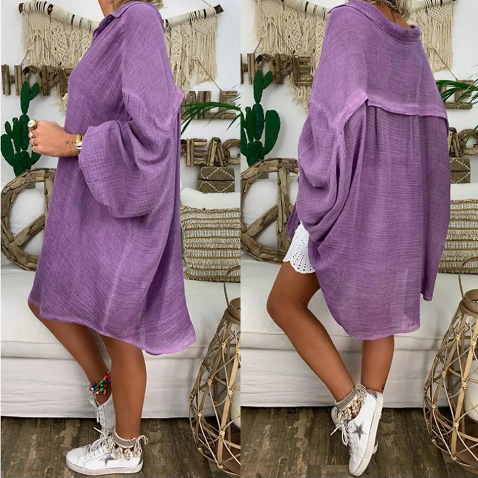 Women'S Solid Color Cotton Linen Button Up Long Sleeve Loose Casual Shirt Blouse Top Cardigan Outfits