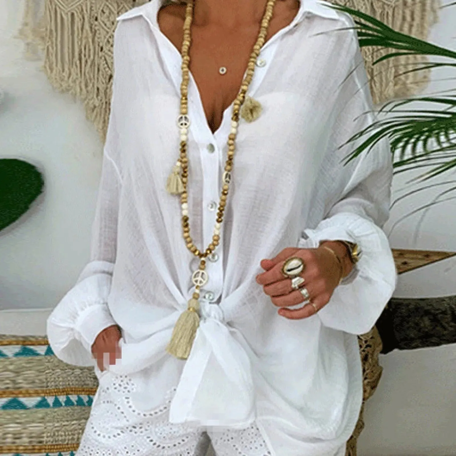 Women'S Solid Color Cotton Linen Button Up Long Sleeve Loose Casual Shirt Blouse Top Cardigan Outfits