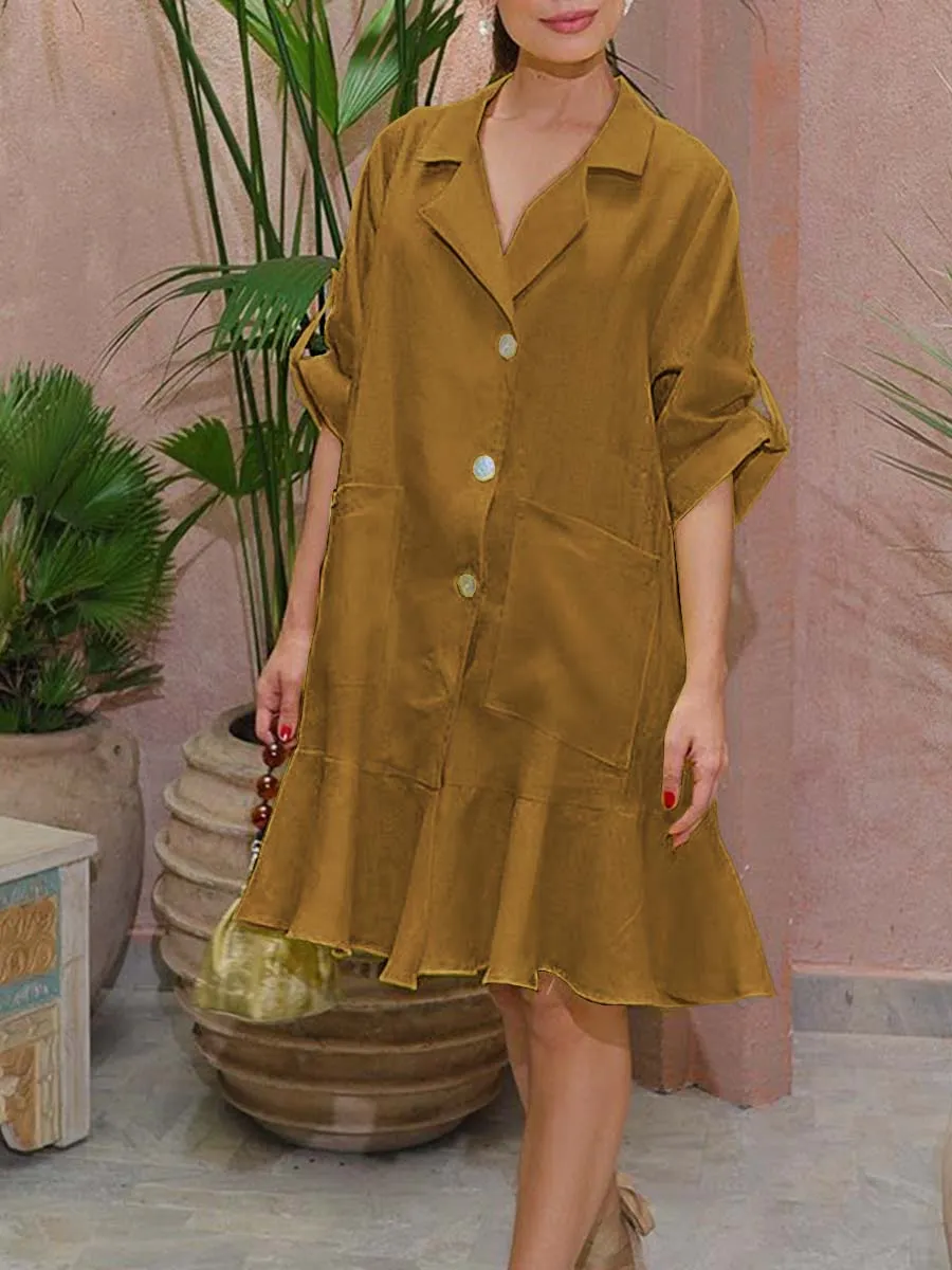 Women's Solid Color Shirt Collar 3/4 Sleeves Comfortable Casual Linen Pocket Dress