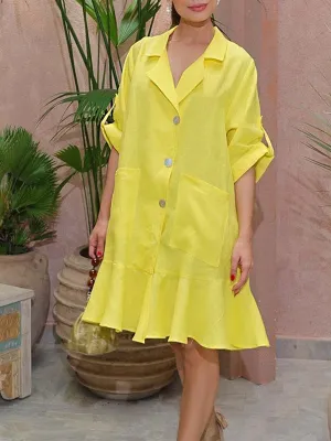 Women's Solid Color Shirt Collar 3/4 Sleeves Comfortable Casual Linen Pocket Dress