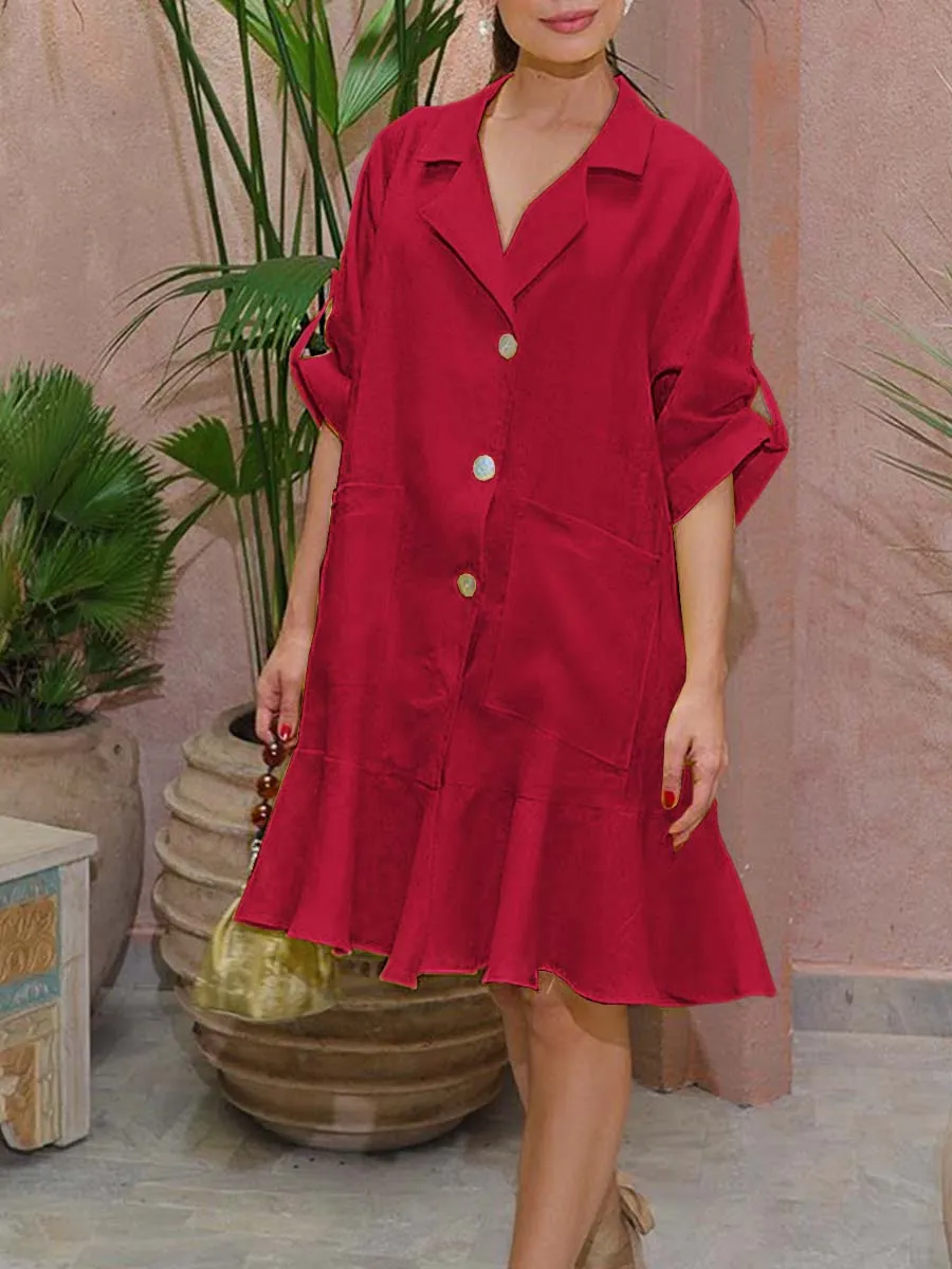 Women's Solid Color Shirt Collar 3/4 Sleeves Comfortable Casual Linen Pocket Dress