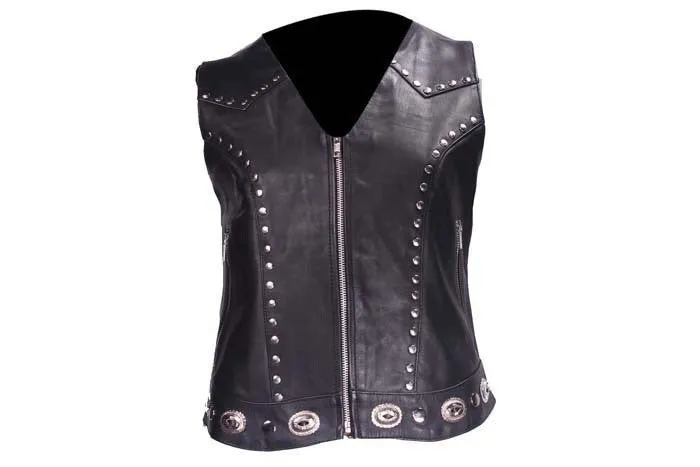 Women's Studded Leather Motorcycle Vest With Concealed Carry Pockets