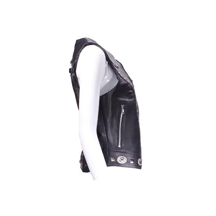 Women's Studded Leather Motorcycle Vest With Concealed Carry Pockets