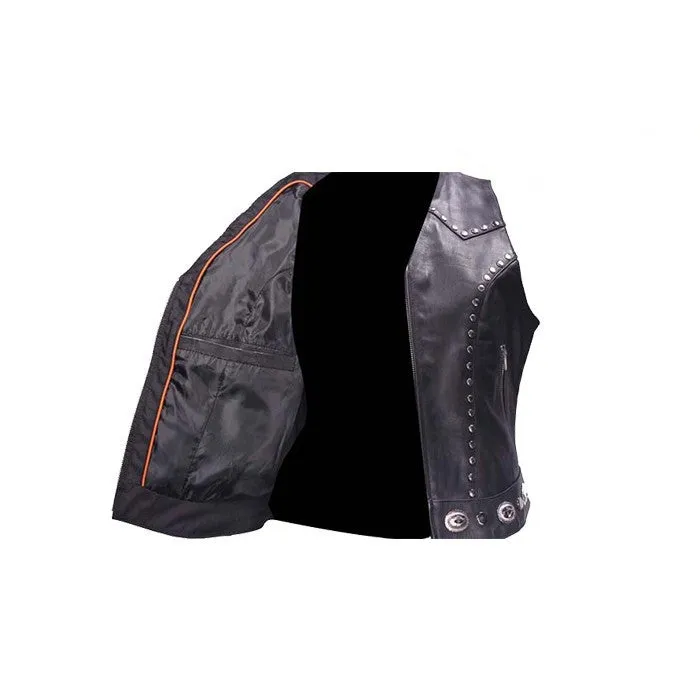 Women's Studded Leather Motorcycle Vest With Concealed Carry Pockets