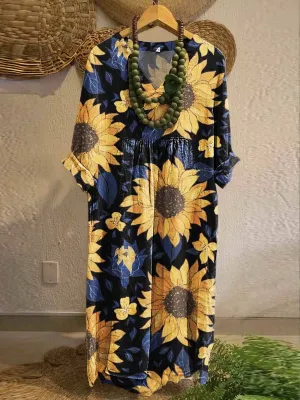 Women's Sunflower Print Round Neck Long Sleeve Cotton Pocket Dress