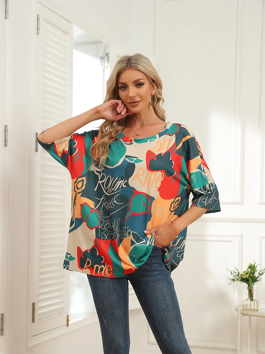 Women's T-Shirts Round Neck Map Print Short Sleeve T-Shirt