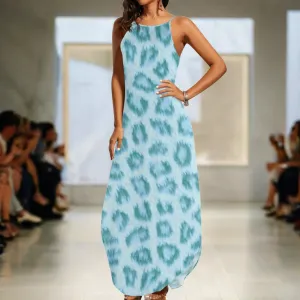 Women's Teal Leopard Print Pattern Elegant Sleeveless Sundress