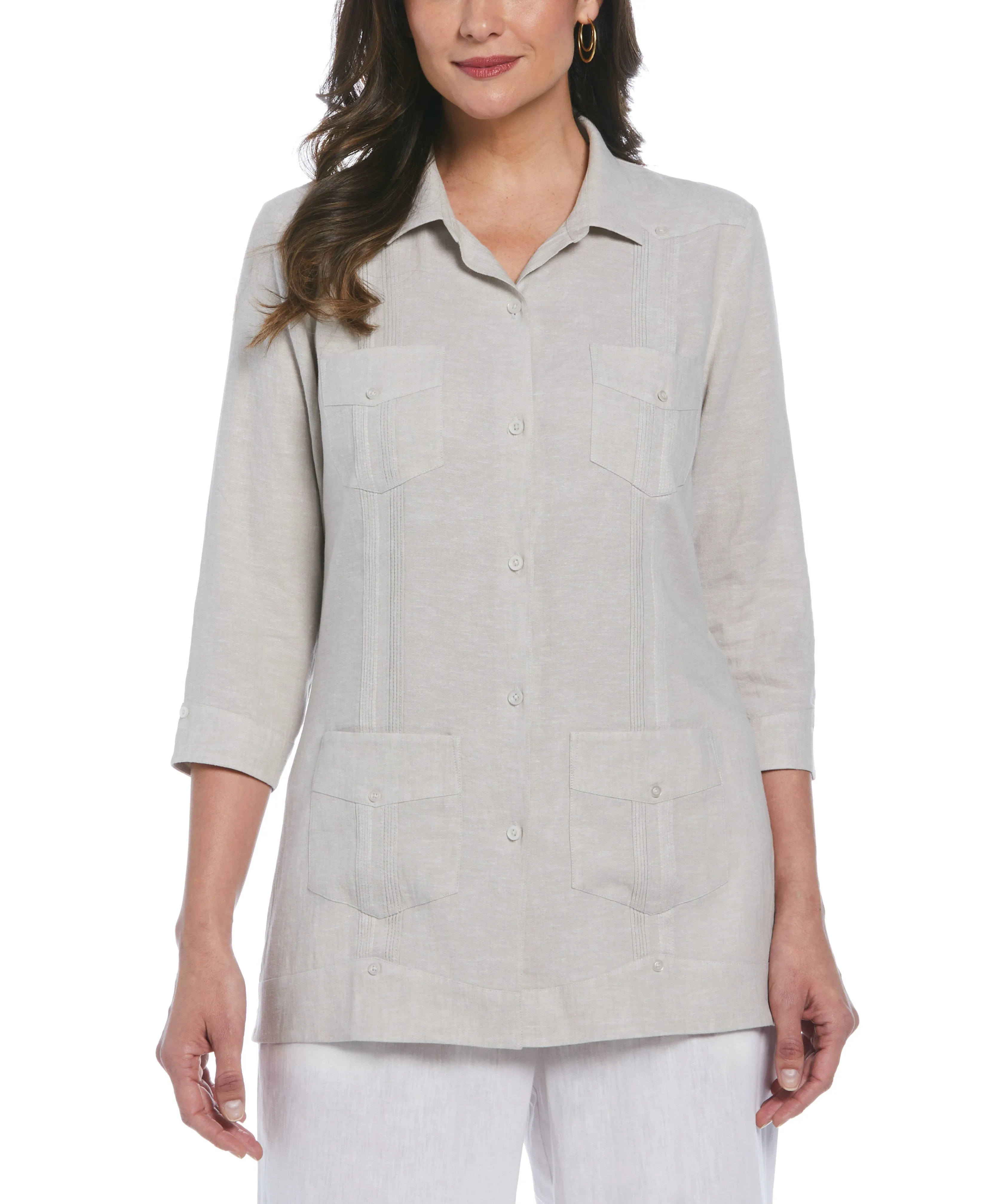 Women's Two-Tone Linen Blend Guayabera Shirt - Beige