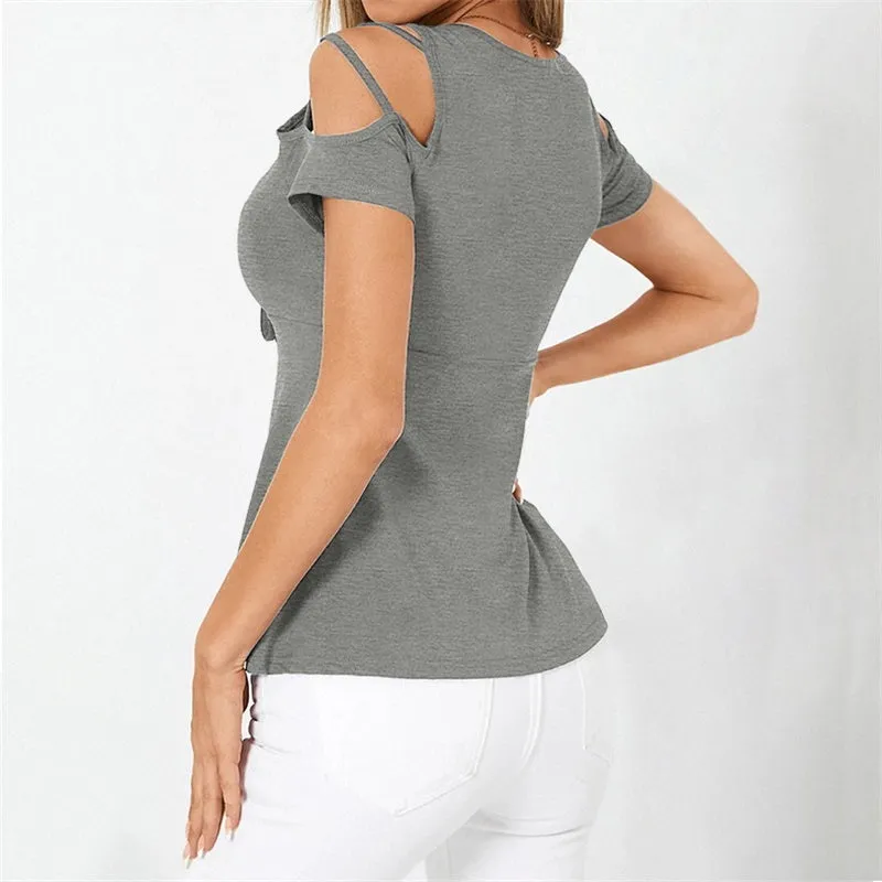 Womens V-Neck Bow Cross Strap Off Shoulder Short Sleeve T-shirt