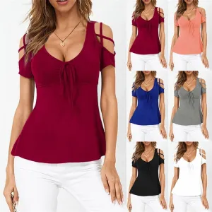 Womens V-Neck Bow Cross Strap Off Shoulder Short Sleeve T-shirt