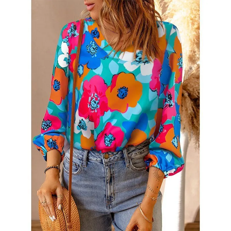 Women's V-neck Long-sleeved T-shirt Printed Top