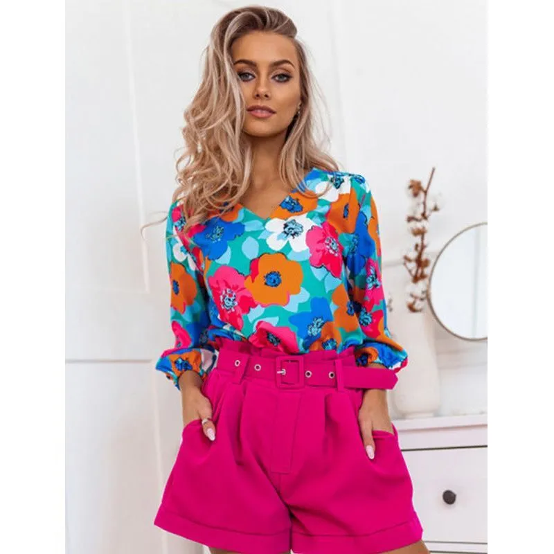 Women's V-neck Long-sleeved T-shirt Printed Top
