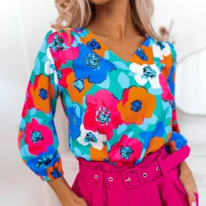 Women's V-neck Long-sleeved T-shirt Printed Top