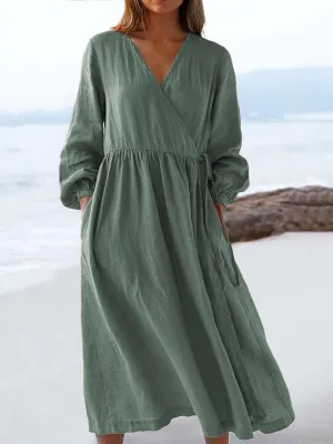 Women's V-Neck Sleeveless Cotton Pocket Wrap Dress