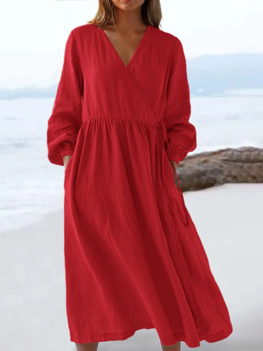 Women's V-Neck Sleeveless Cotton Pocket Wrap Dress