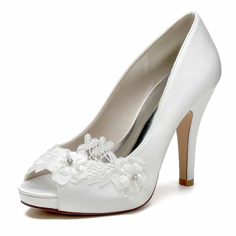 Women's Wedding Shoes Flower Lace Wedding Heels Bridal Shoes Party Satin Shoes