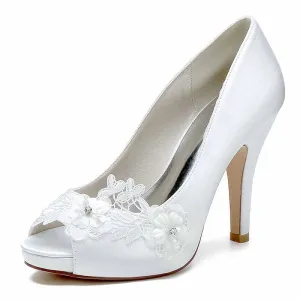 Women's Wedding Shoes Flower Lace Wedding Heels Bridal Shoes Party Satin Shoes