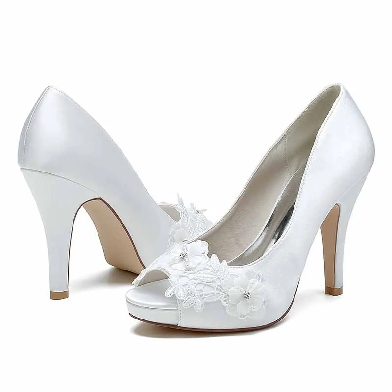 Women's Wedding Shoes Flower Lace Wedding Heels Bridal Shoes Party Satin Shoes