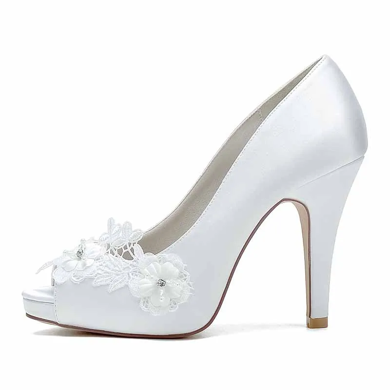 Women's Wedding Shoes Flower Lace Wedding Heels Bridal Shoes Party Satin Shoes