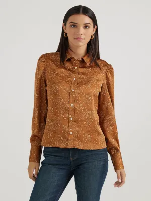 Wrangler Women's Satin Rodeo Long Sleeve Brown Shirt