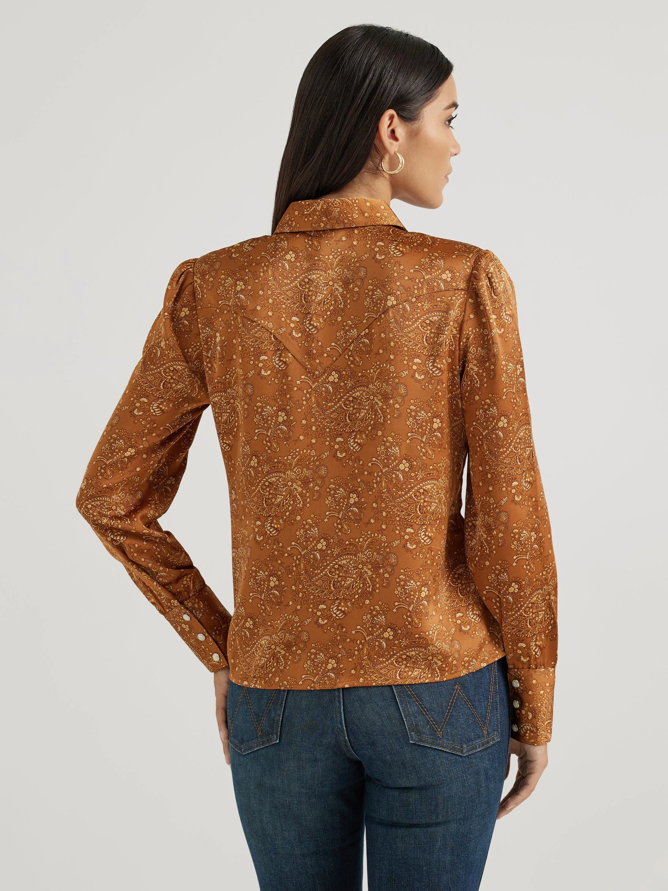 Wrangler Women's Satin Rodeo Long Sleeve Brown Shirt