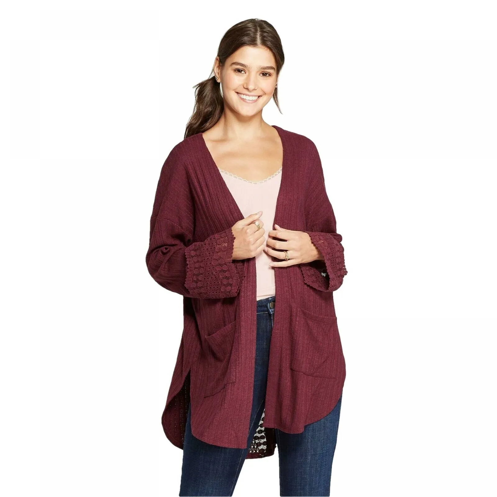 Xhilaration Women's Long Sleeve Open Neck Lace Trim Cardigan