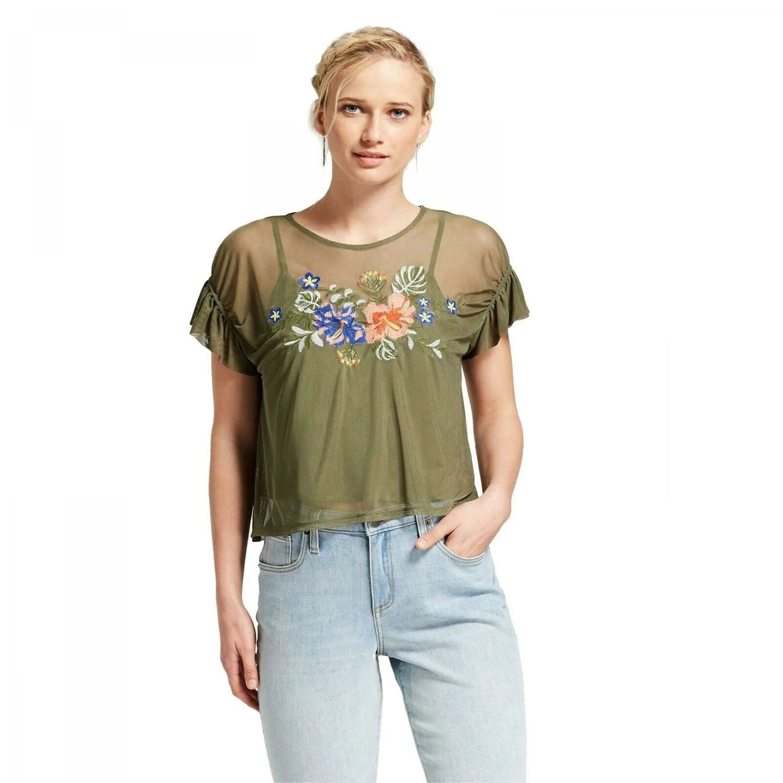 Xhilaration Women's Short Sleeve Embroidered Mesh Top Shirt