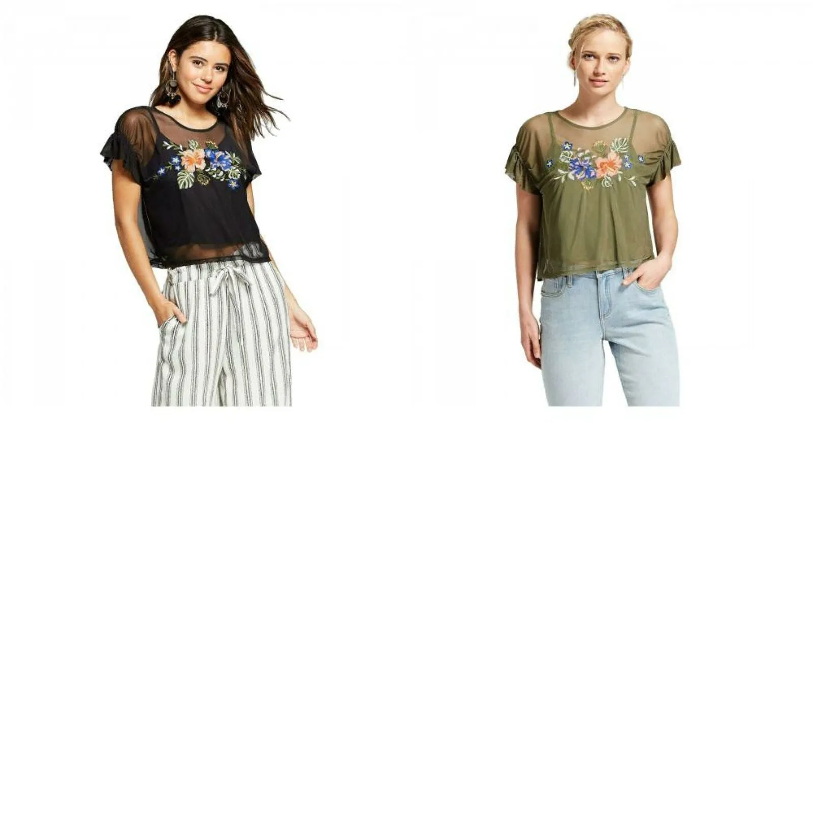 Xhilaration Women's Short Sleeve Embroidered Mesh Top Shirt