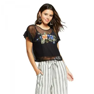 Xhilaration Women's Short Sleeve Embroidered Mesh Top Shirt