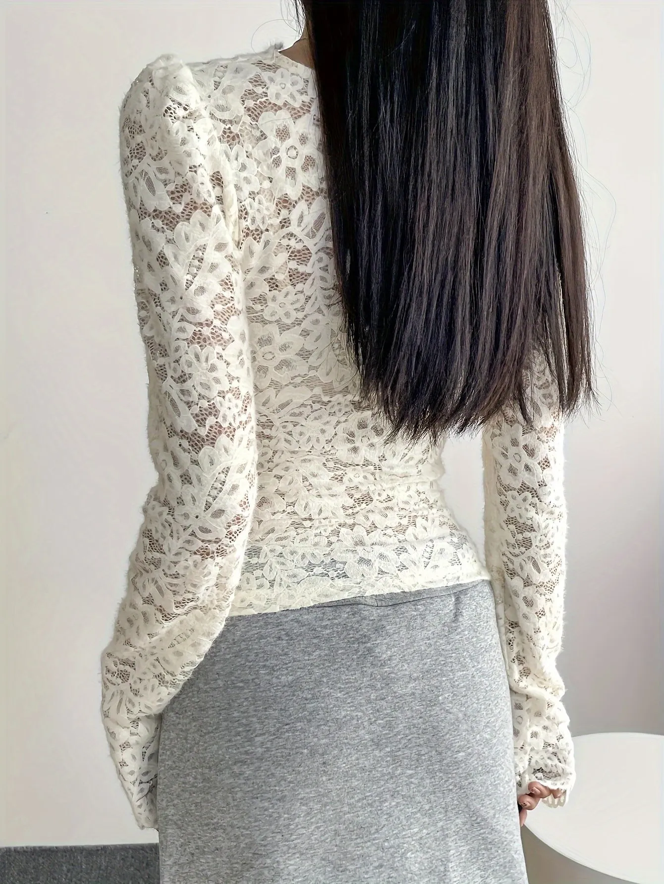 xieyinshe  Lace V Neck T-shirt, Elegant Long Sleeve Ruched Top For Spring & Fall, Women's Clothing