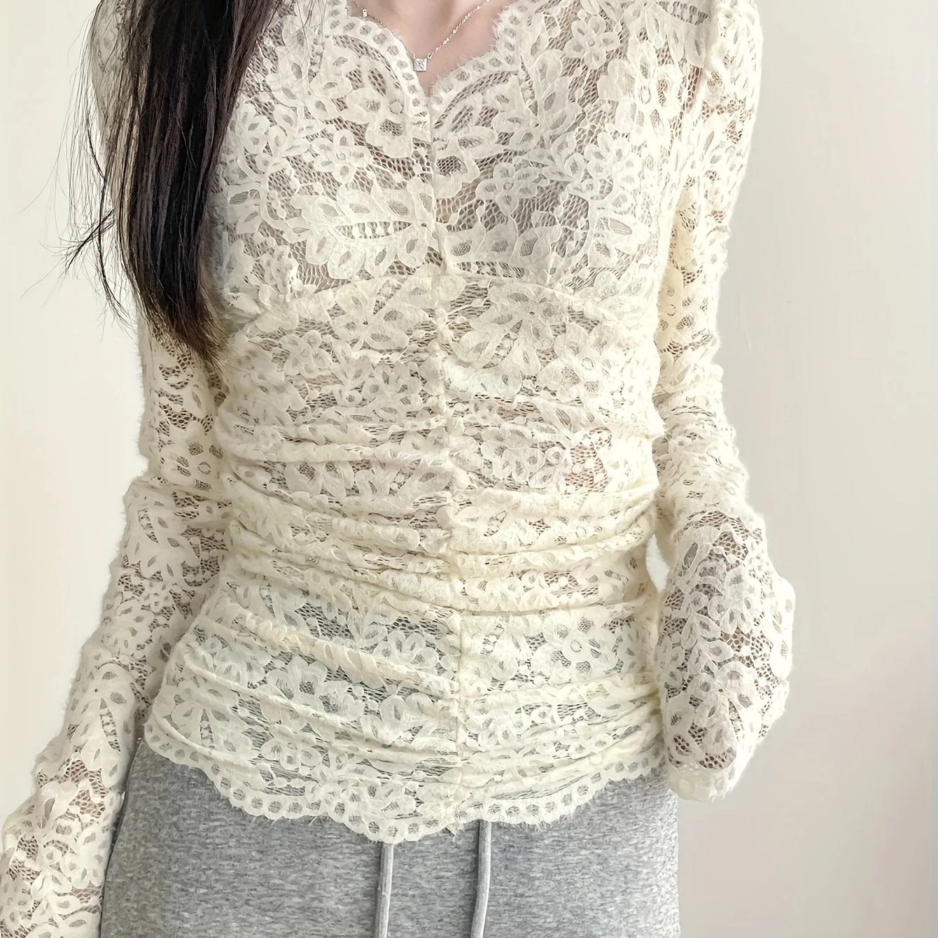 xieyinshe  Lace V Neck T-shirt, Elegant Long Sleeve Ruched Top For Spring & Fall, Women's Clothing