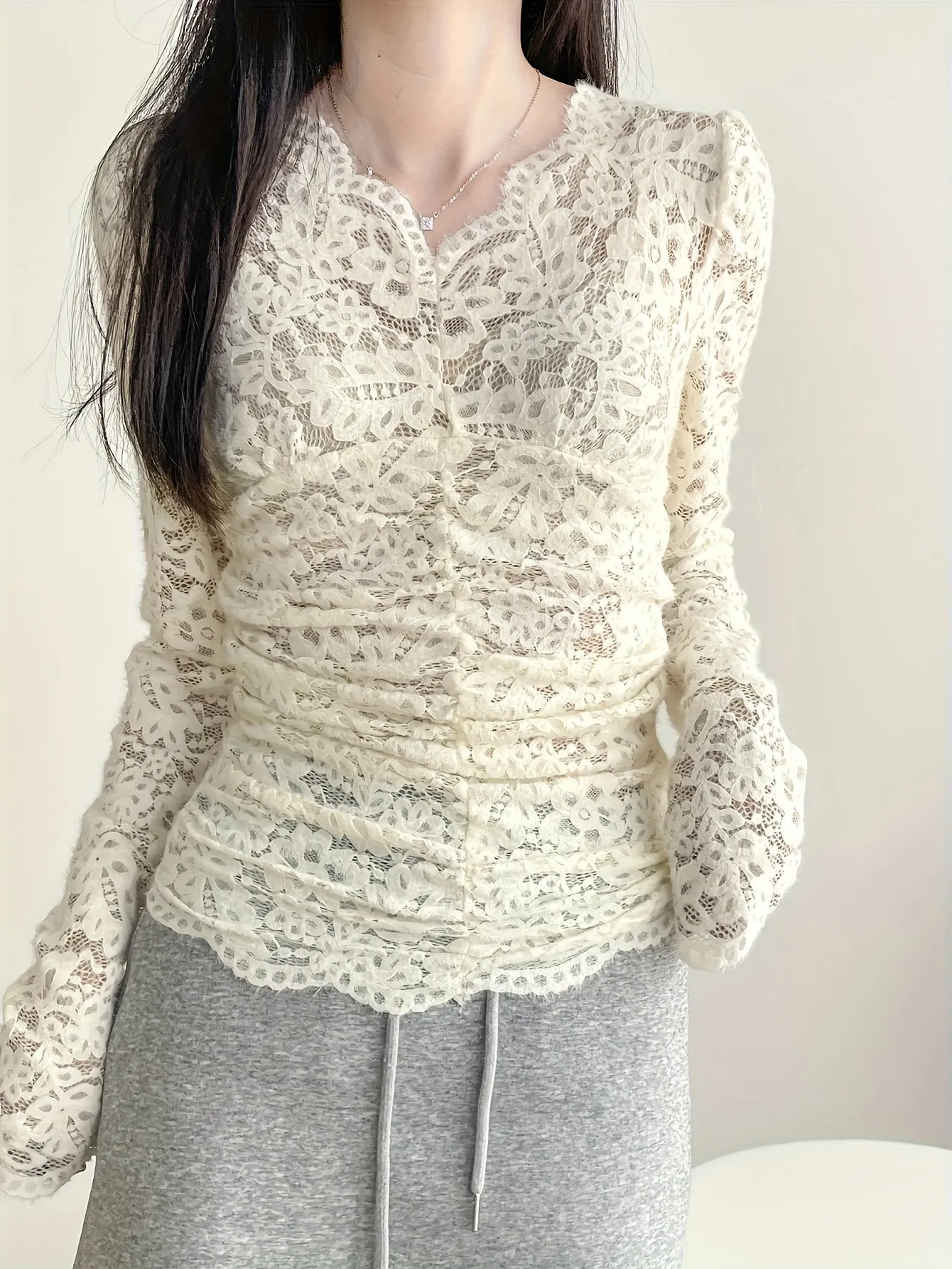 xieyinshe  Lace V Neck T-shirt, Elegant Long Sleeve Ruched Top For Spring & Fall, Women's Clothing