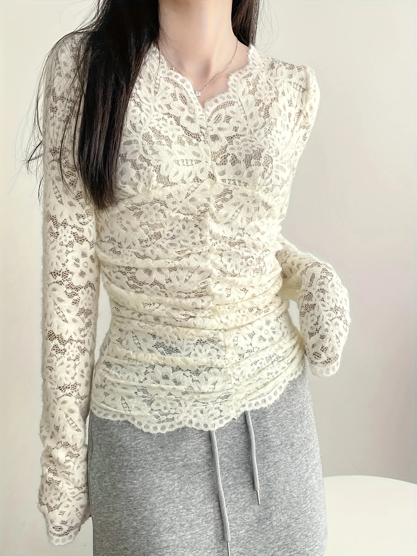 xieyinshe  Lace V Neck T-shirt, Elegant Long Sleeve Ruched Top For Spring & Fall, Women's Clothing