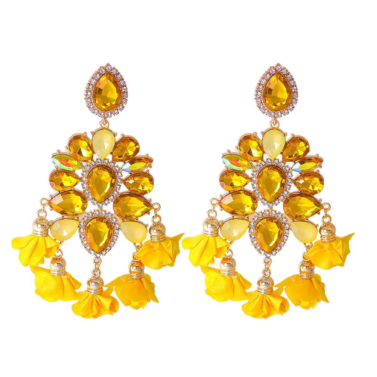 Yellow Crystal & Cubic Zirconia Silk 18K Gold-Plated Flower Tassel Dangle Earring