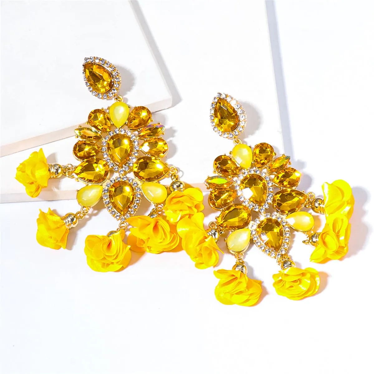 Yellow Crystal & Cubic Zirconia Silk 18K Gold-Plated Flower Tassel Dangle Earring