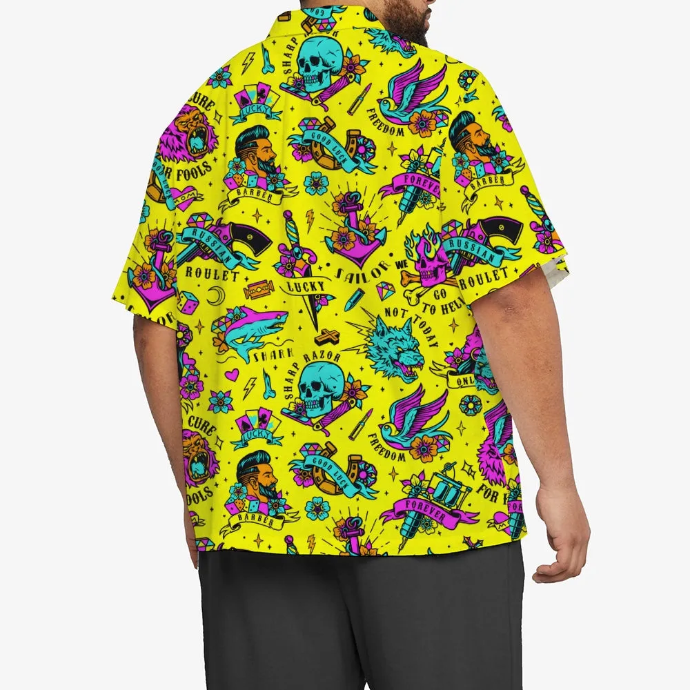 Yellow Demon Skull Print Large Size Bamboo Linen Short Sleeve Shirt 2406001519