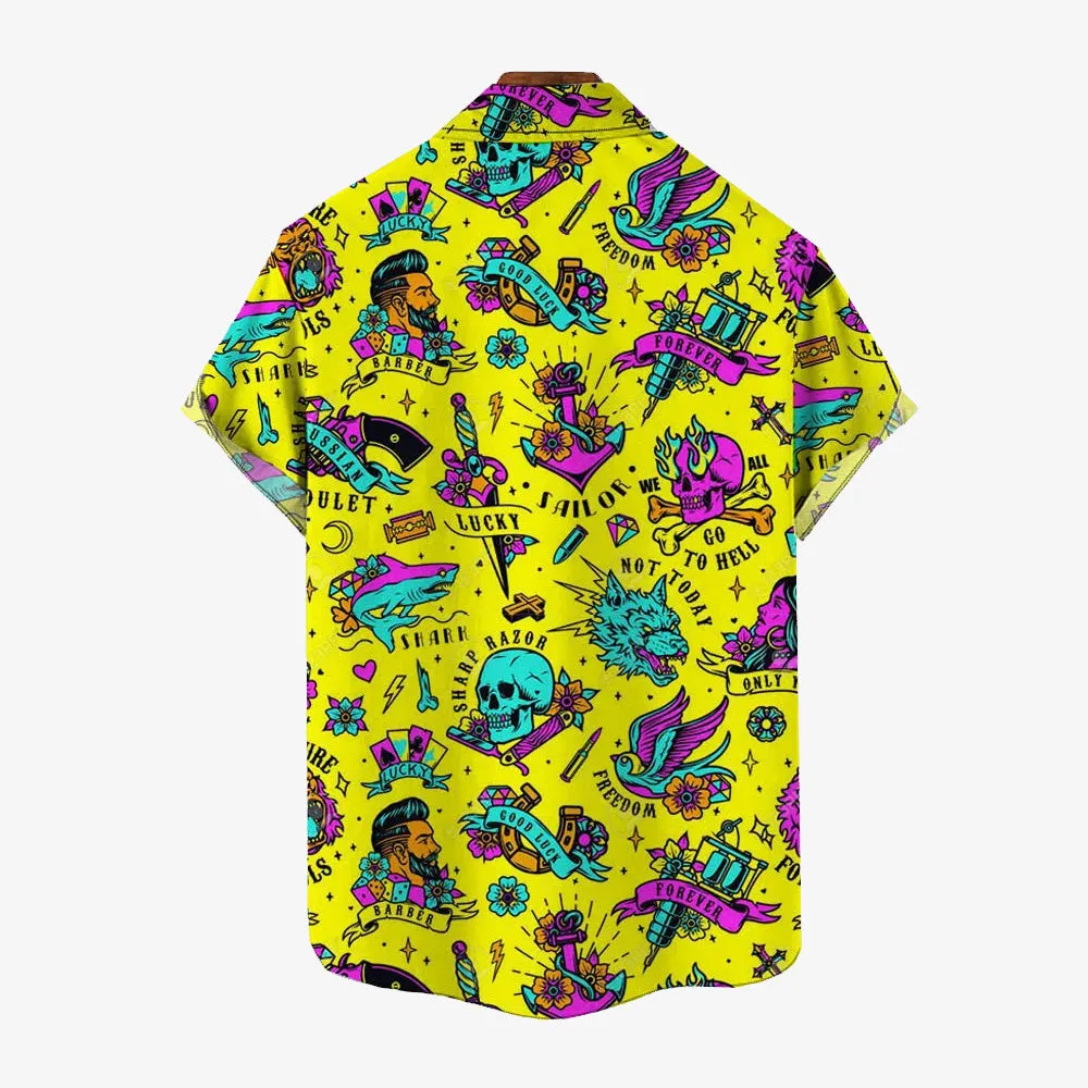 Yellow Demon Skull Print Large Size Bamboo Linen Short Sleeve Shirt 2406001519