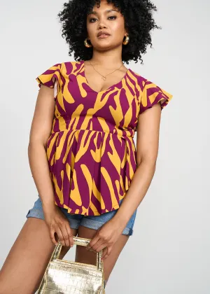 Zera Women's African Print Stretch Peplum Top (Gold Zebra Abstract)- Clearance