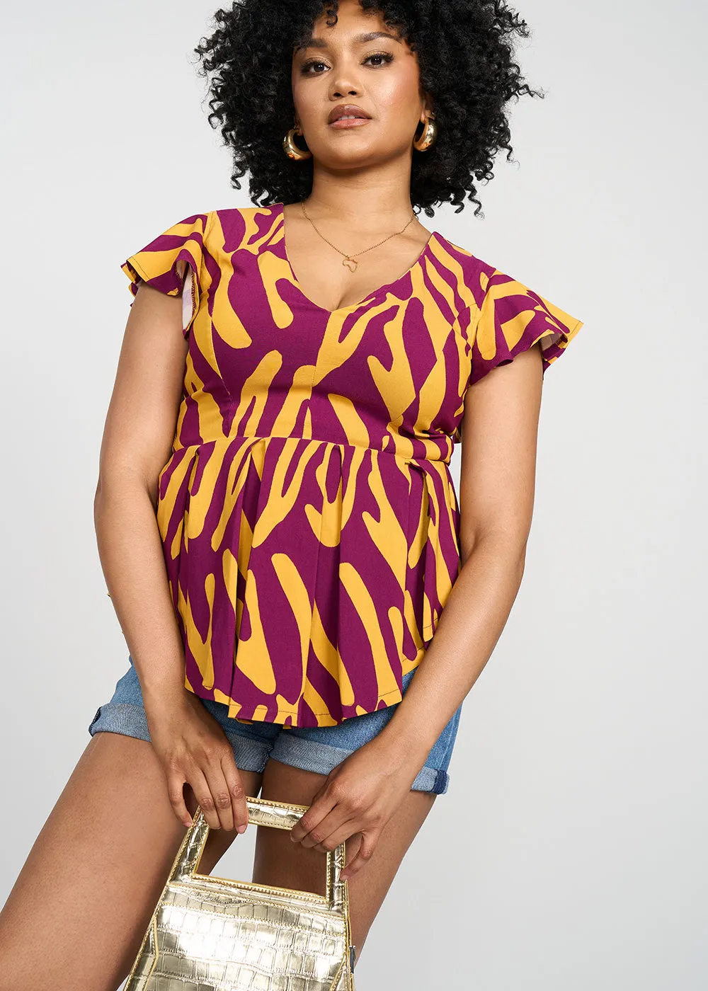 Zera Women's African Print Stretch Peplum Top (Gold Zebra Abstract)- Clearance
